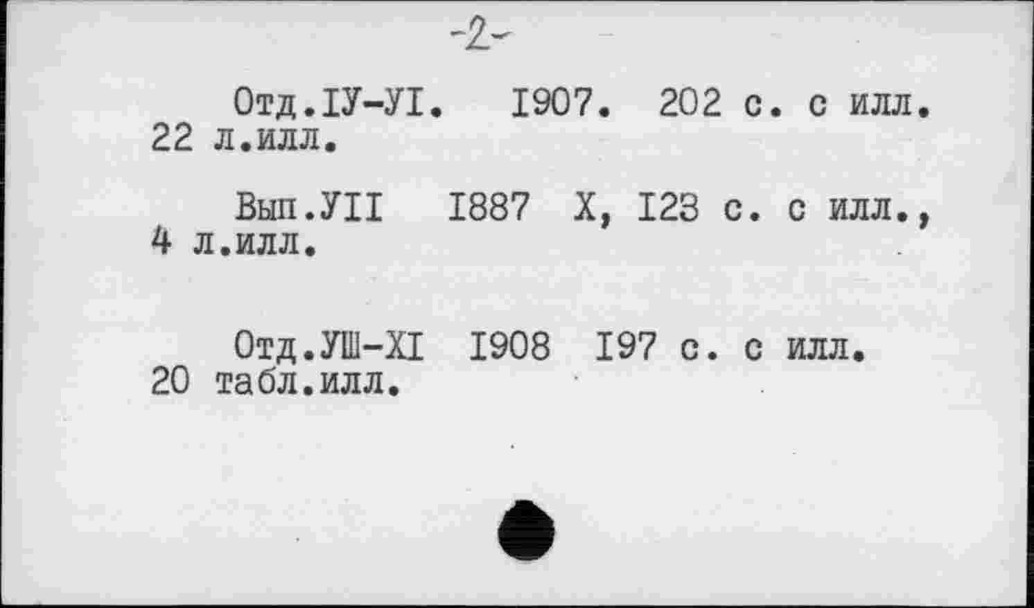 ﻿~2.~
Отд.ІУ-УІ. 1907. 202 с. с илл. 22 л.илл.
Вып.УП 1887 X, 123 с. с илл., 4 л.илл.
Отд.УШ-ХІ 1908 197 с. с илл.
20 табл.илл.